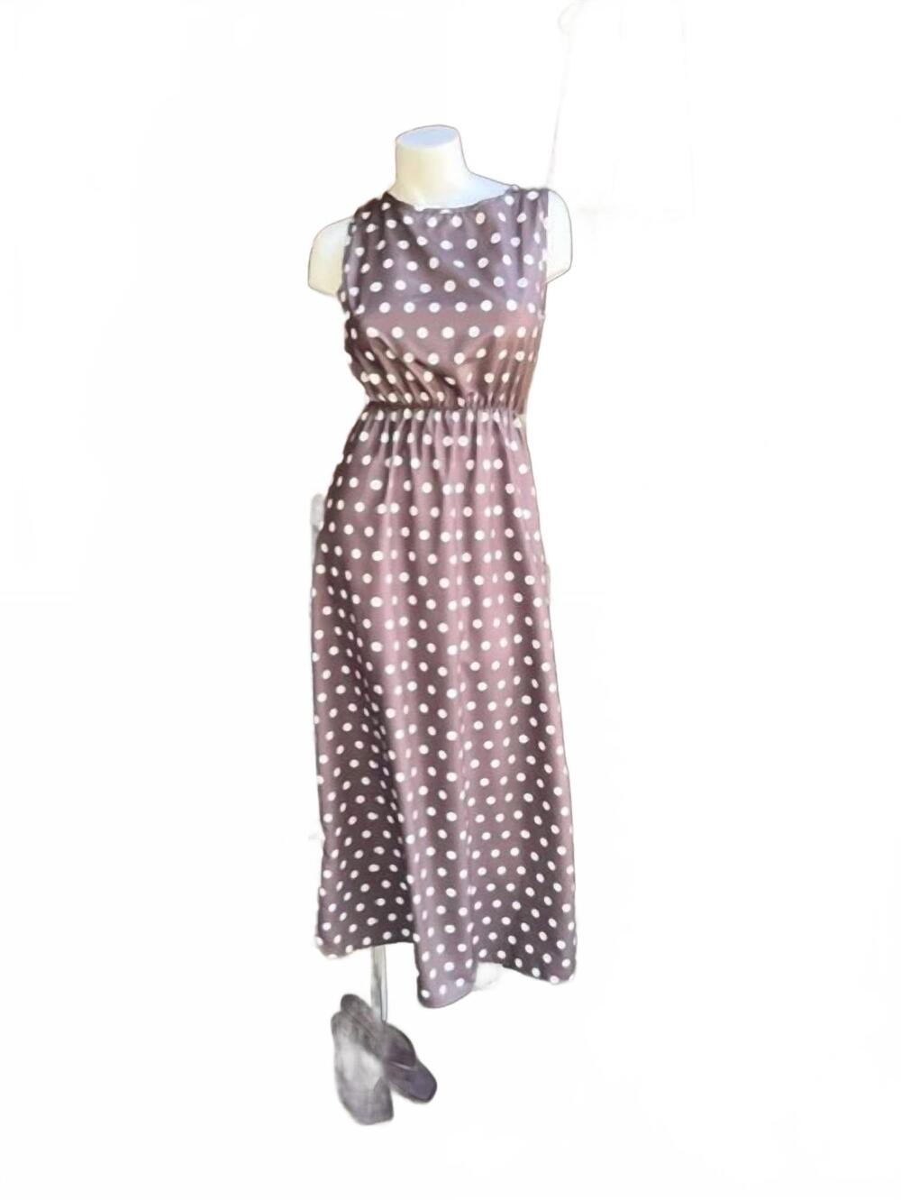 NEW MCCOLIN women's polka dot round neck sleeveless midi dress in brown/white